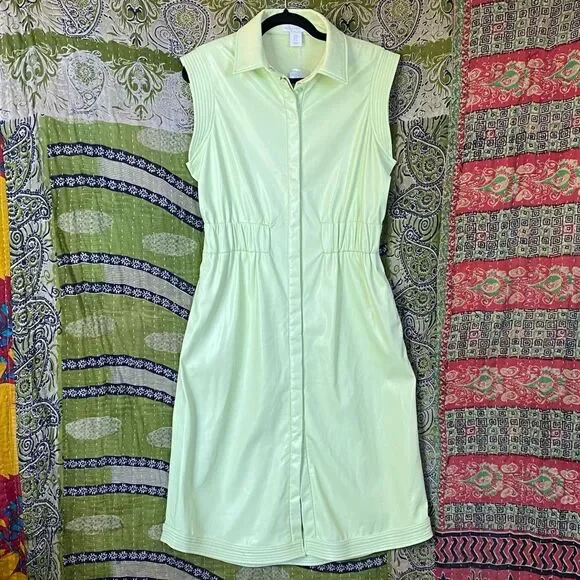 NWT House of Harlow 1960 Lime Green Vegan Leather Midi Shirt Dress Size Medium - Picture 1 of 16